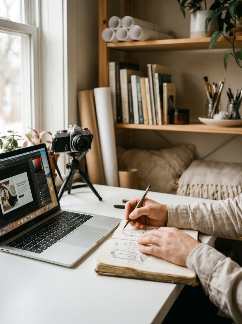 A creator's workspace in warm light — a camera, notes and a laptop mid-project, hands at work