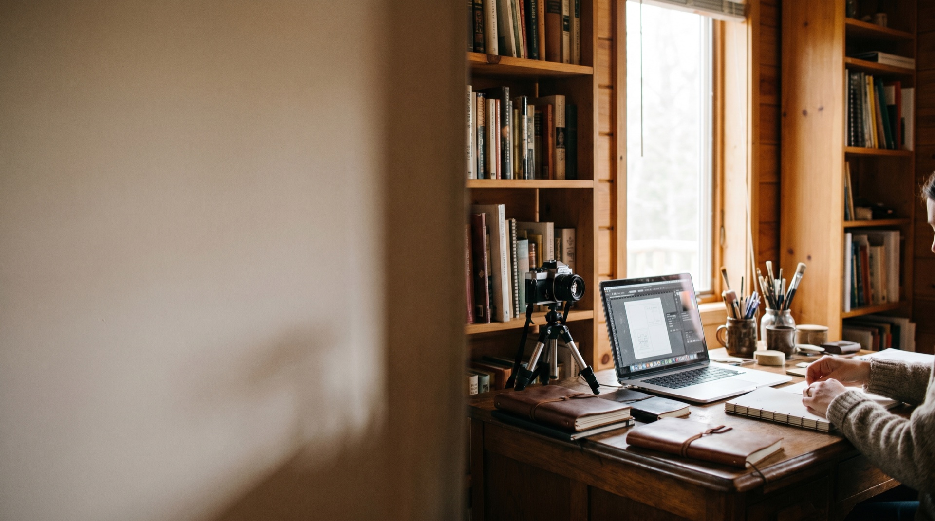A creator's warm workspace with a camera, notes and a laptop mid-project, hands at work, generous negative space