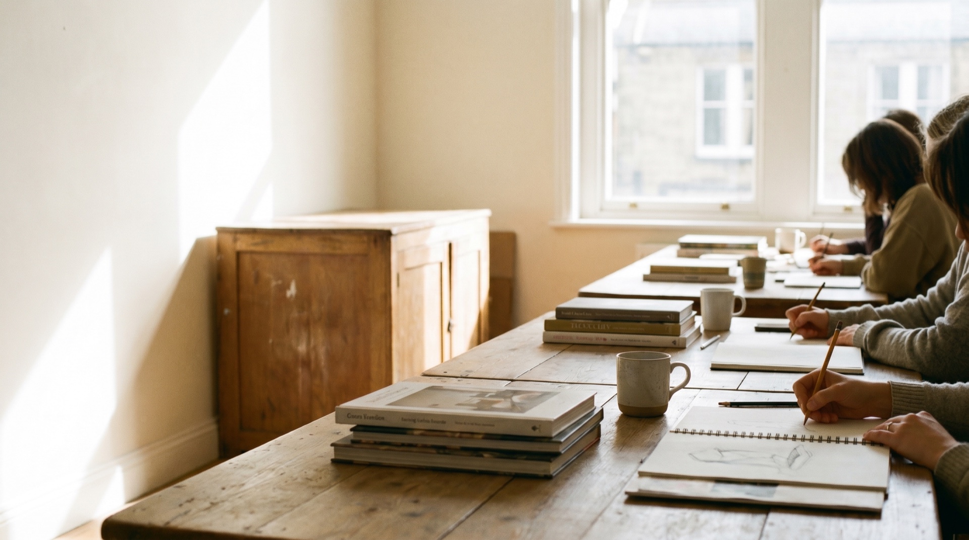 A light-filled studio classroom — warm wood, books and focused hands at work, soft natural daylight, generous negative space