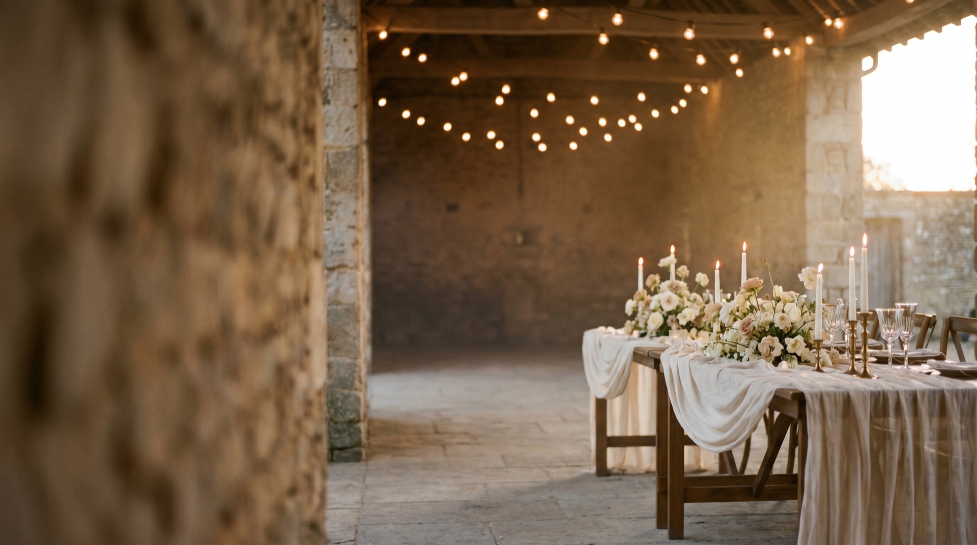 A candlelit event space at dusk in soft golden light — long tables, hanging lights, generous negative space, the moment before guests arrive