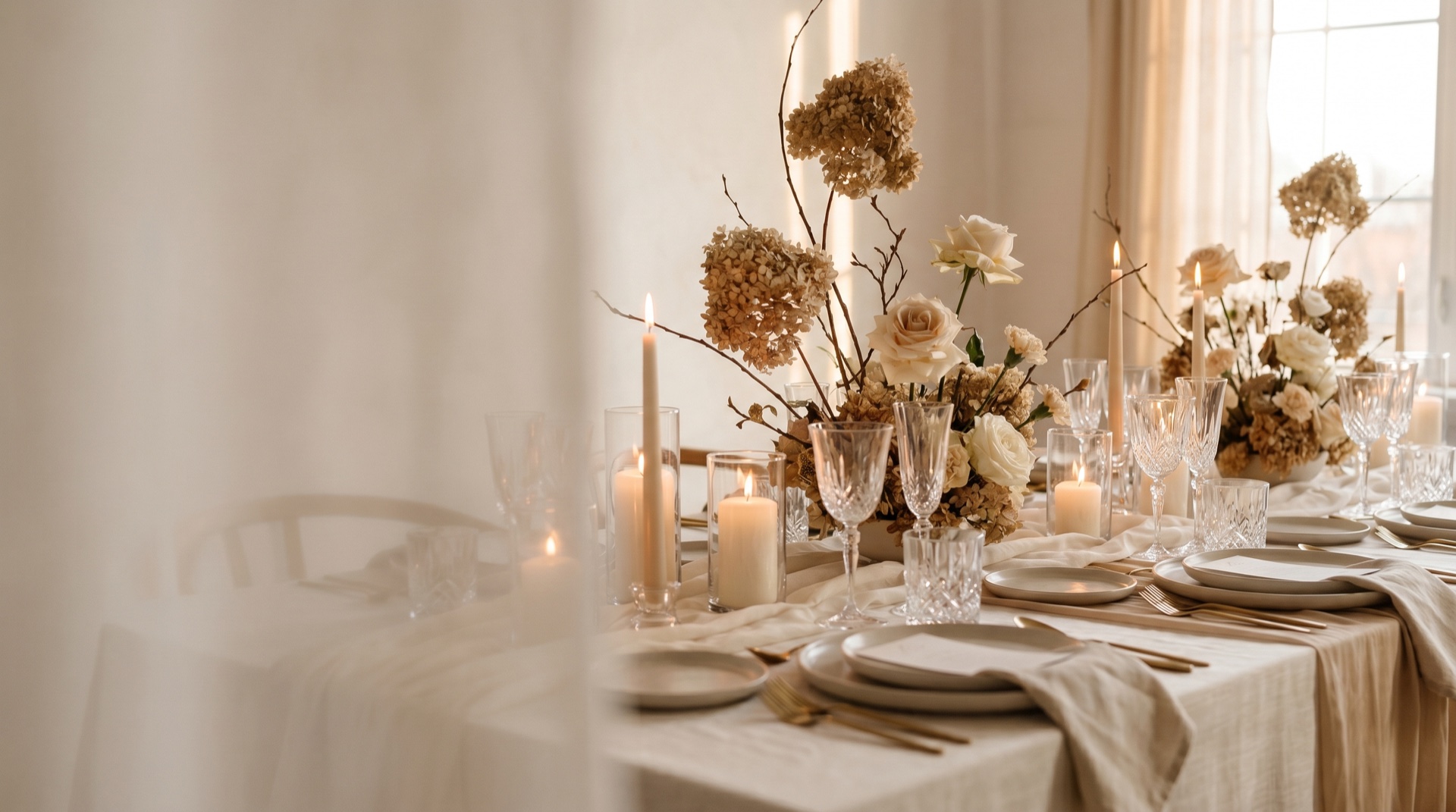 An elegantly styled event tablescape in warm light, the composed signature of a planner, generous negative space