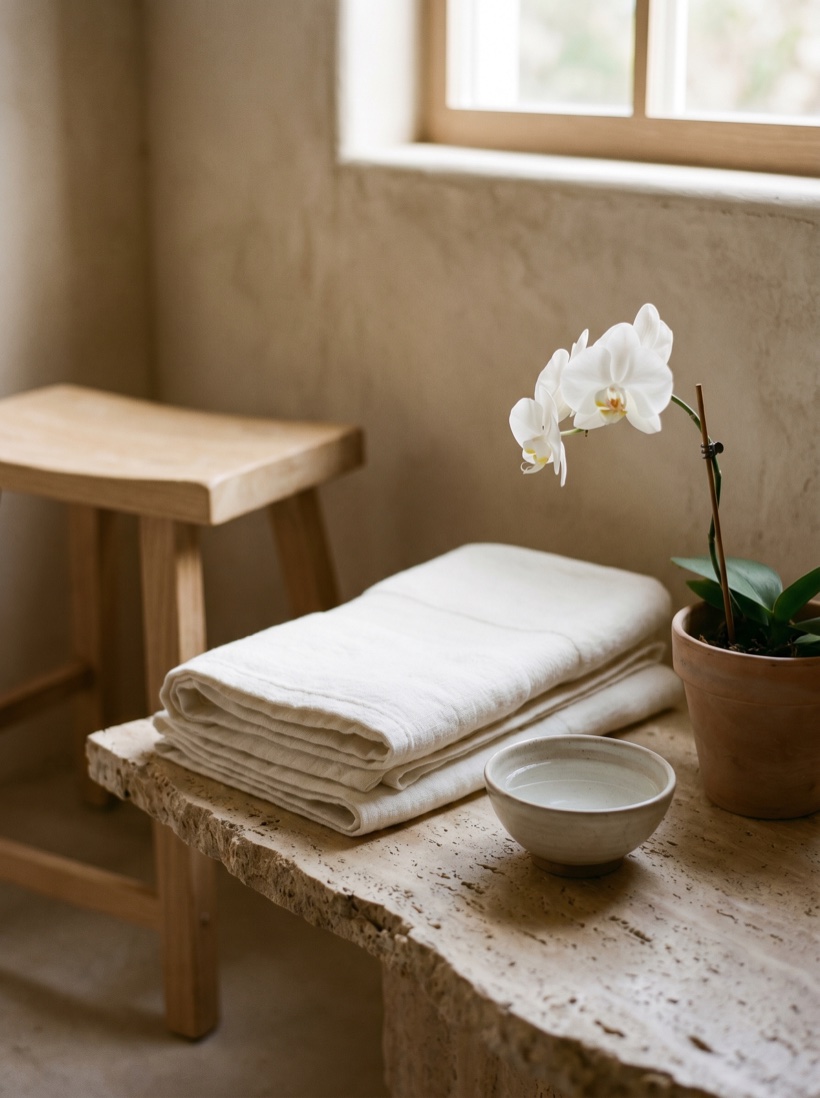 A serene spa treatment room with stone, water, and soft directional daylight