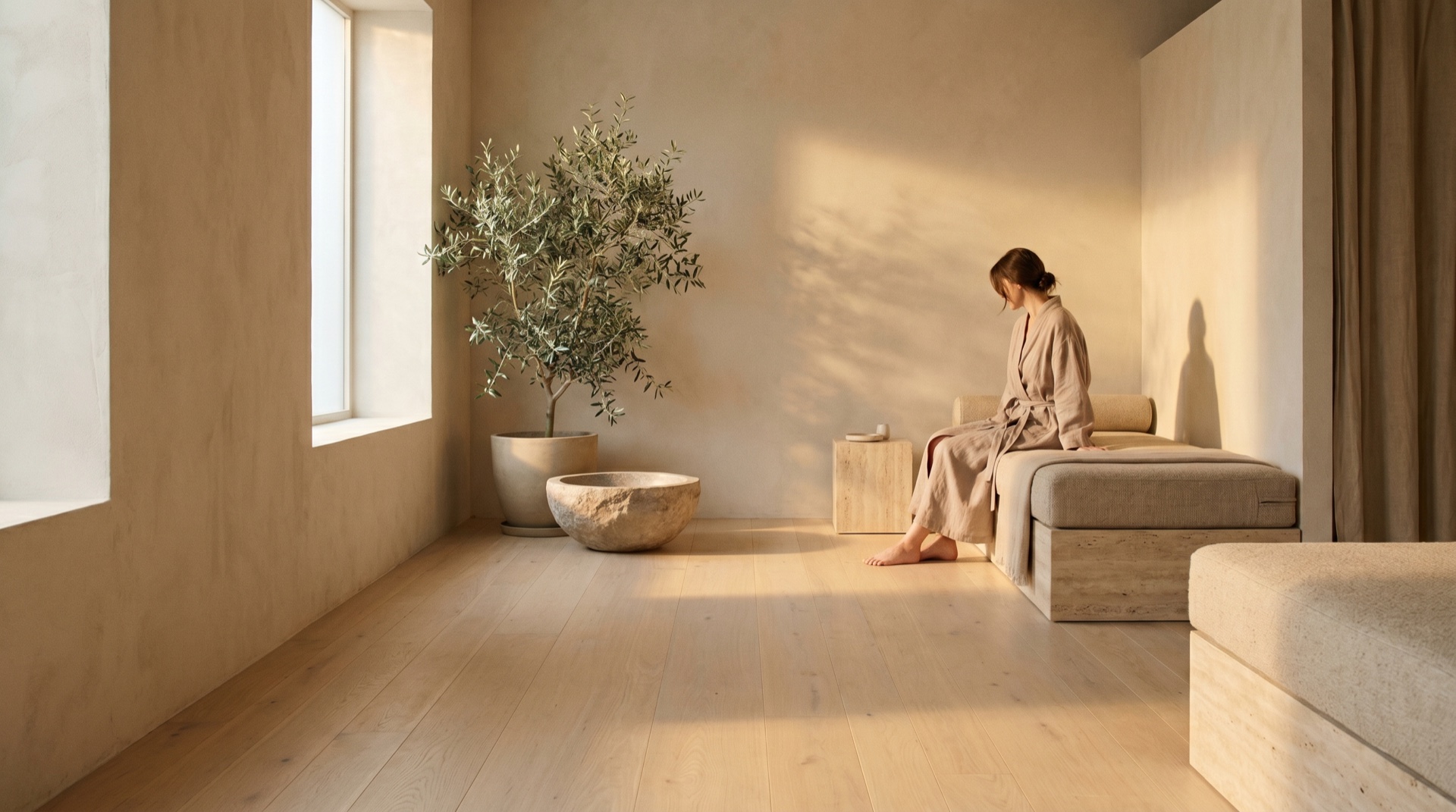 A serene wellness interior in soft morning daylight — linen, pale wood, and a single calm figure, generous negative space