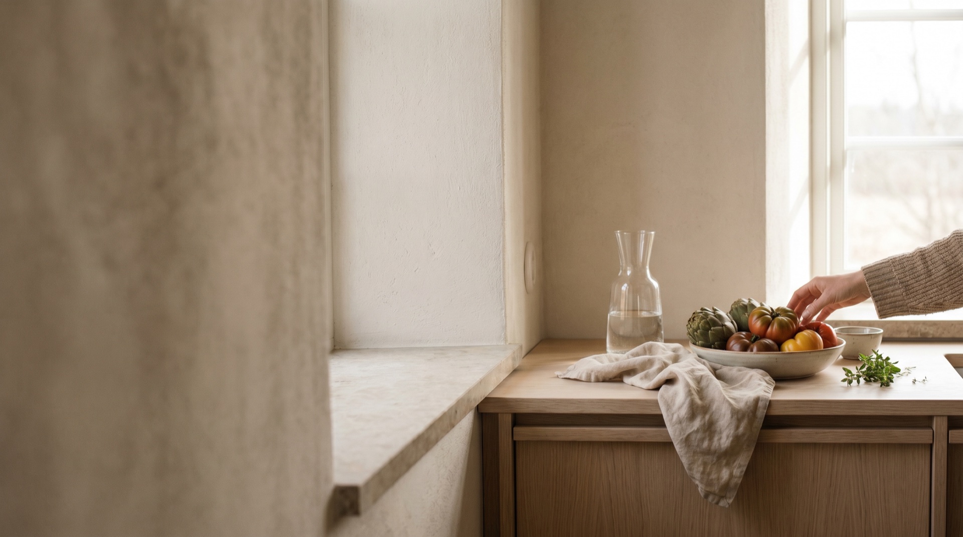 A warm, tactile kitchen counter with fresh produce and linen in soft daylight, generous negative space