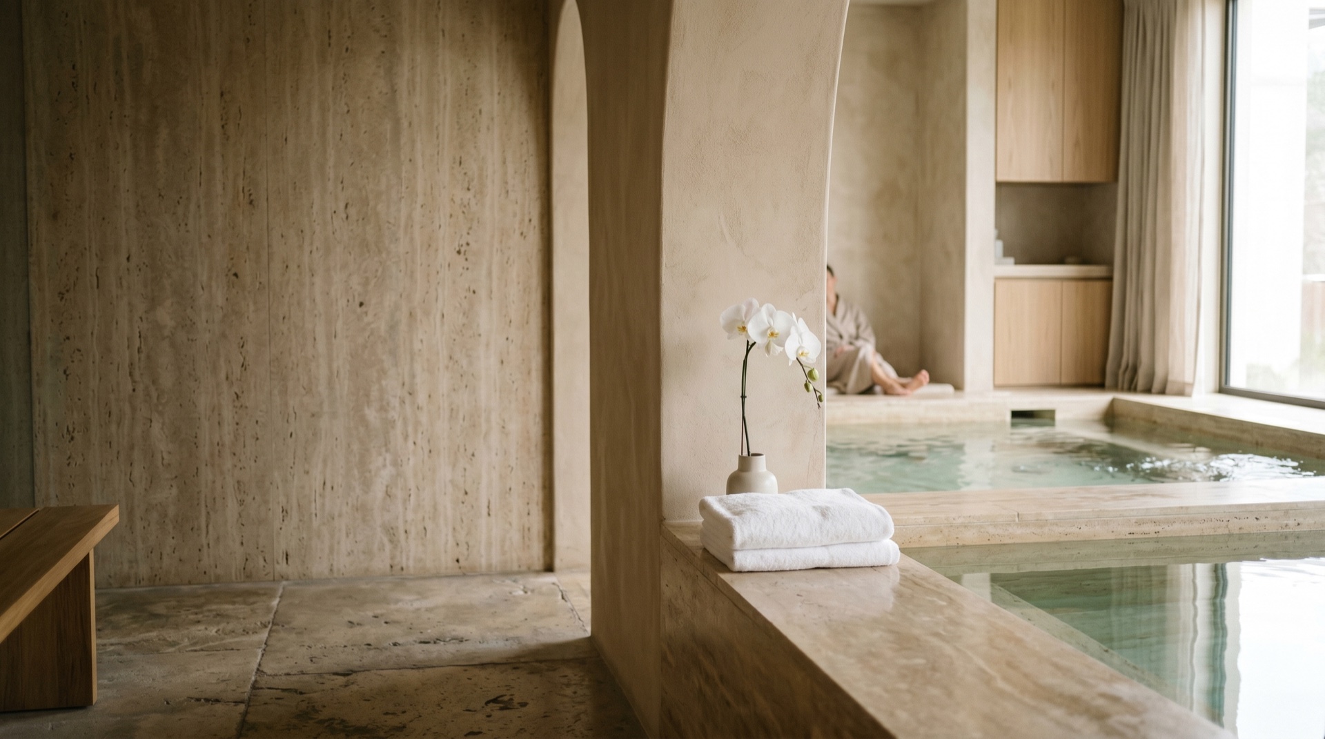 A serene spa interior bathed in soft morning light
