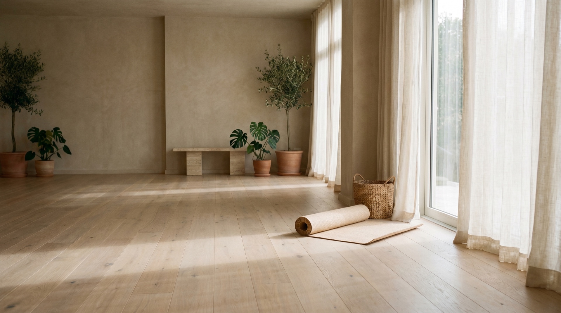 A serene movement studio in soft daylight, pale wood and shadow, generous negative space