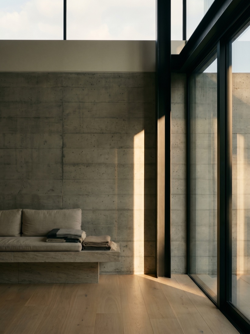A minimalist architectural interior — board-formed concrete, a single sweep of glass, raking daylight and deep shadow
