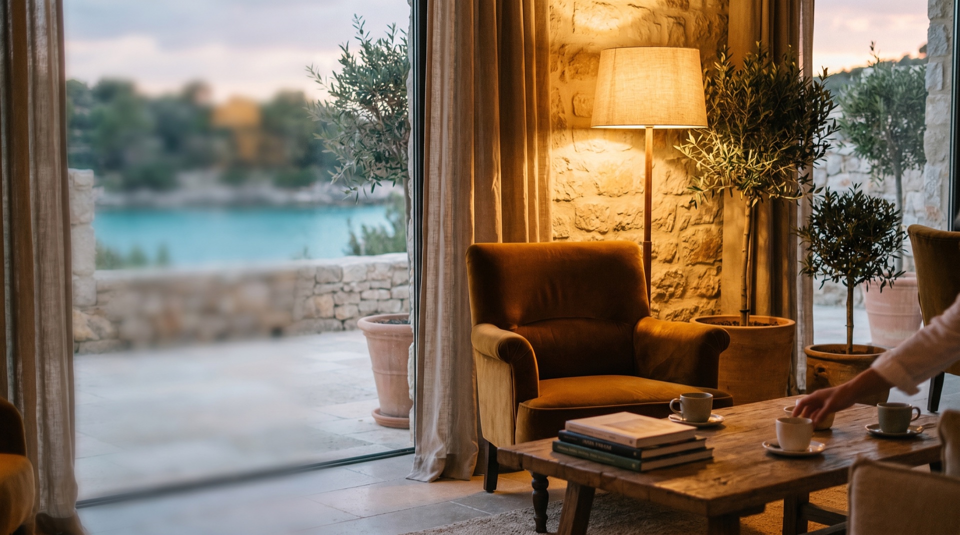 A boutique hotel terrace at golden hour, warm and inviting