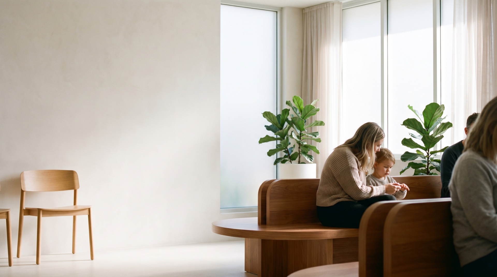 A light-filled, calm clinic waiting area with warm wood