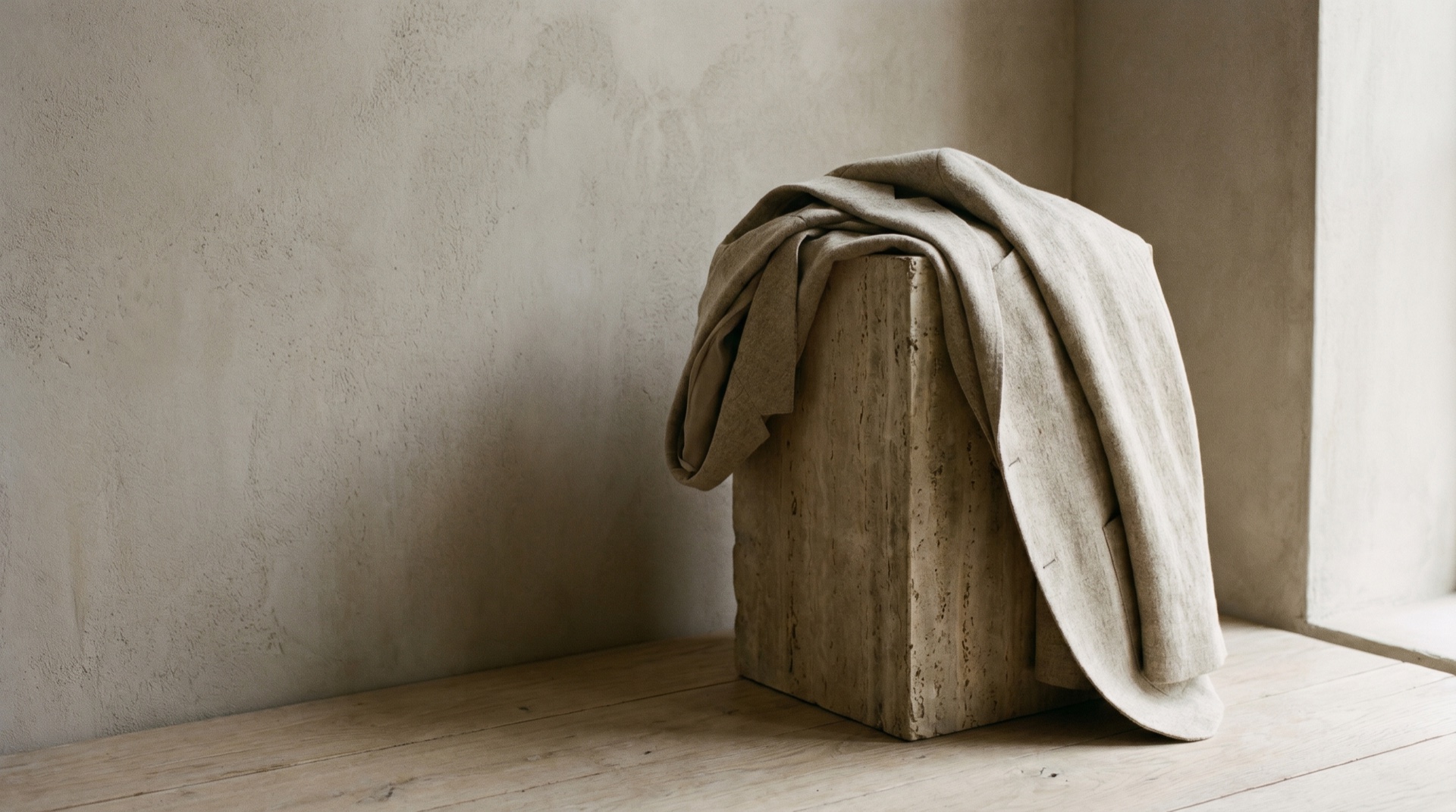 A cinematic fashion editorial still — draped fabric and warm light, generous negative space
