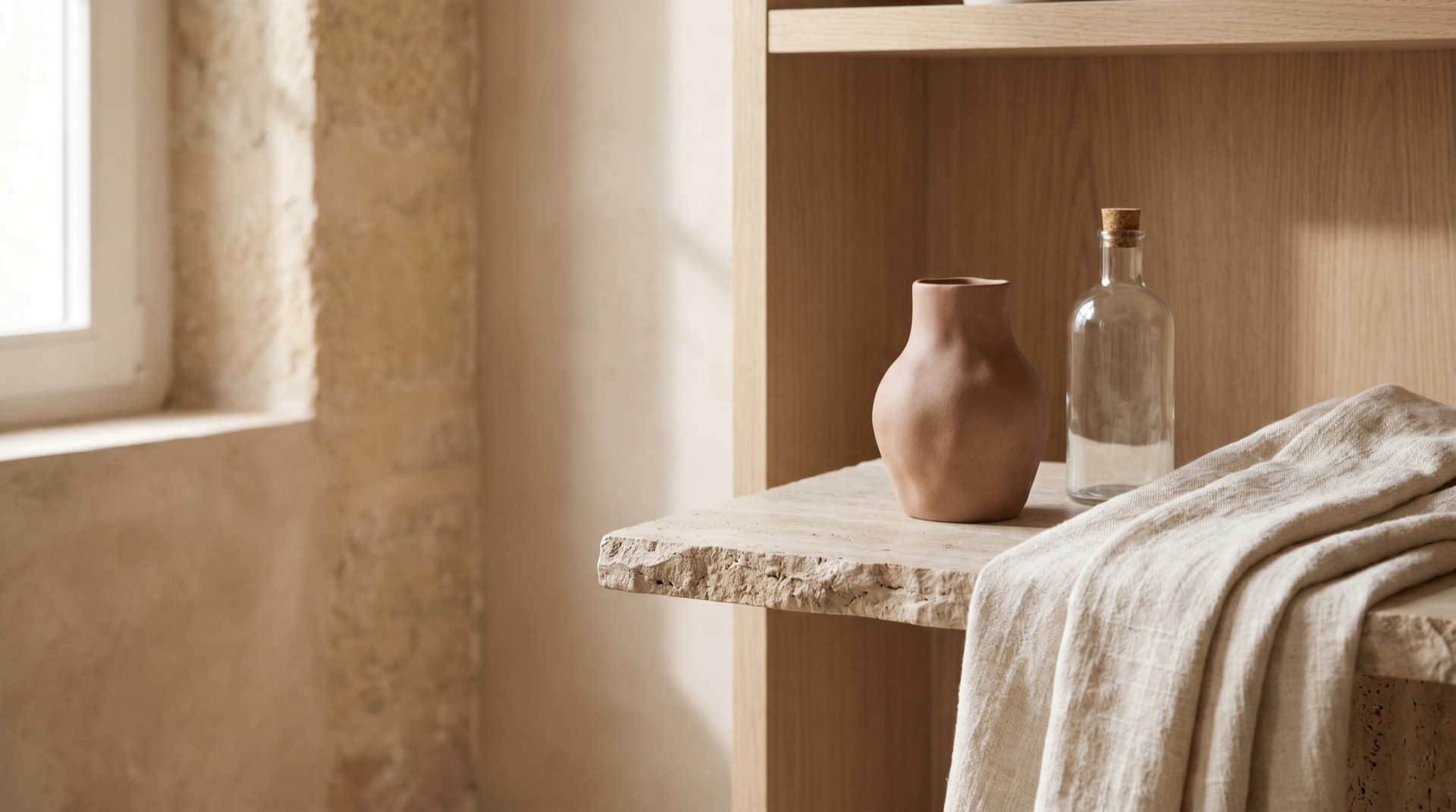 A cinematic still of curated mixed goods on warm stone, generous negative space