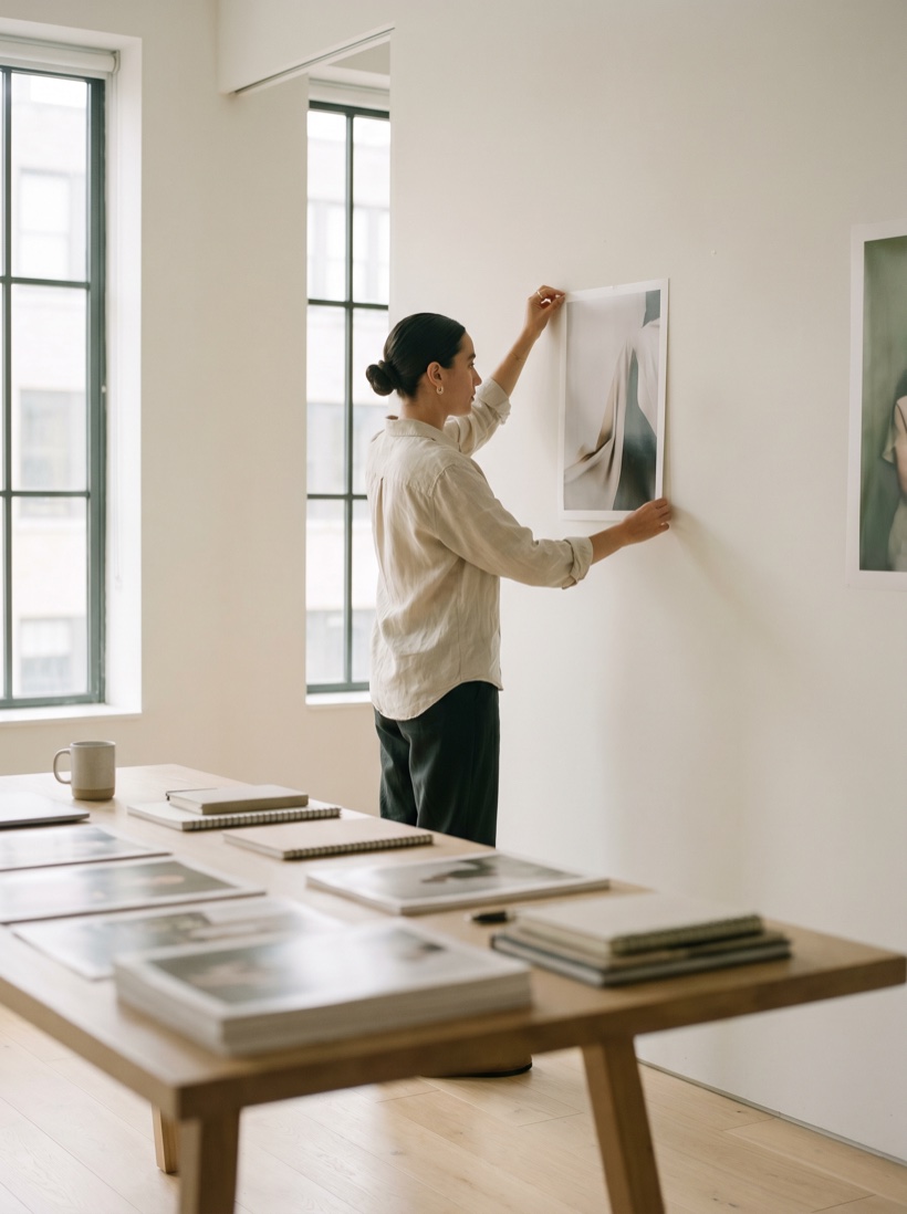 A creative director arranging printed campaign work on a calm gallery wall in a bright studio