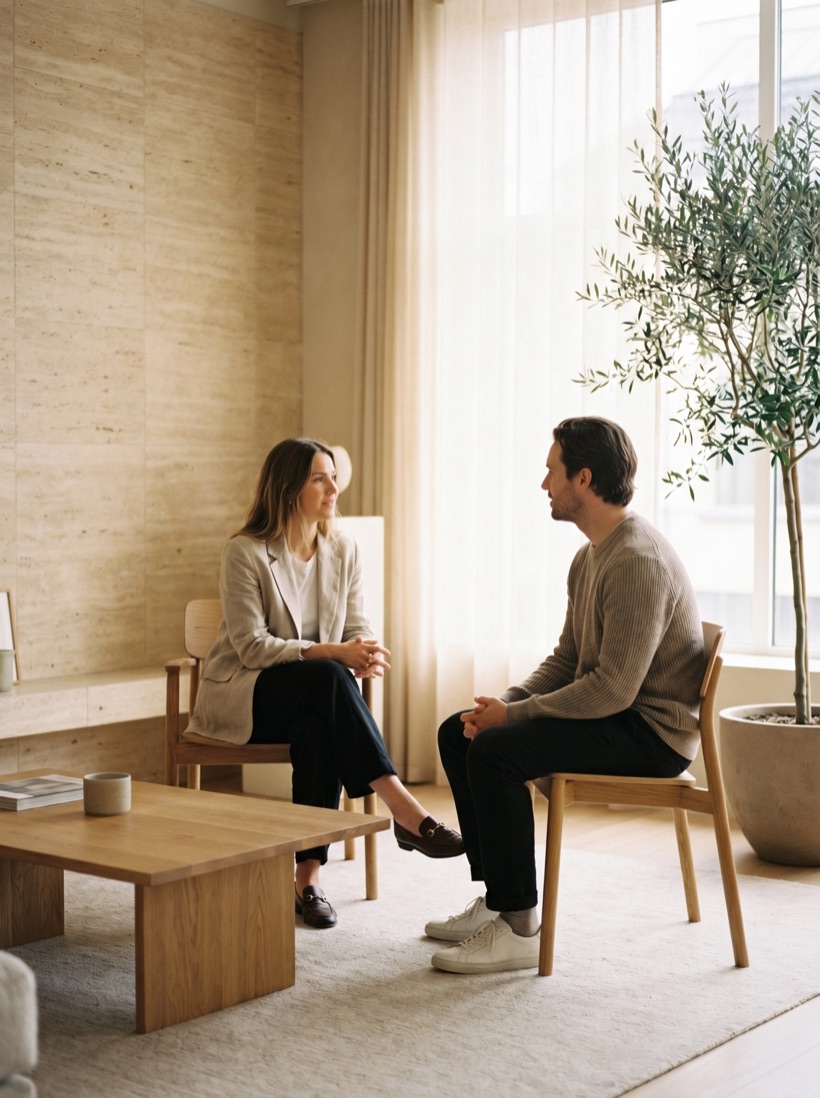 A warm professional coach mid-session in a bright airy studio
