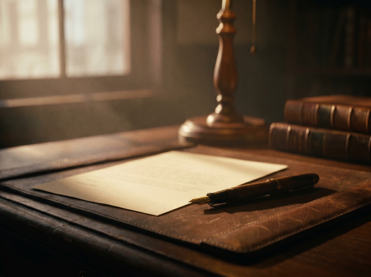 A precise legal invoice and fountain pen on a leather desk pad
