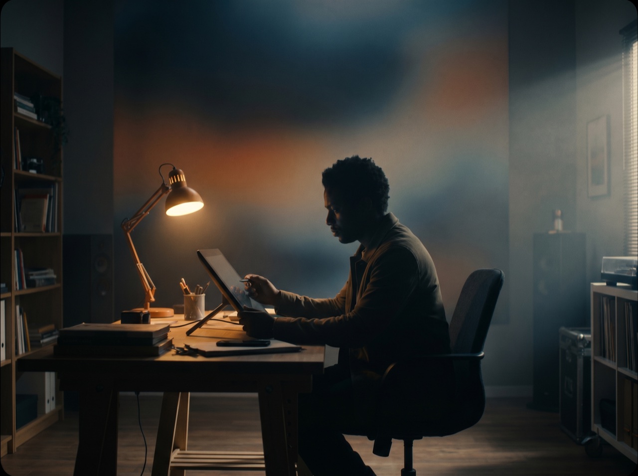 A marketer reviewing campaign analytics on a laptop in a bright loft