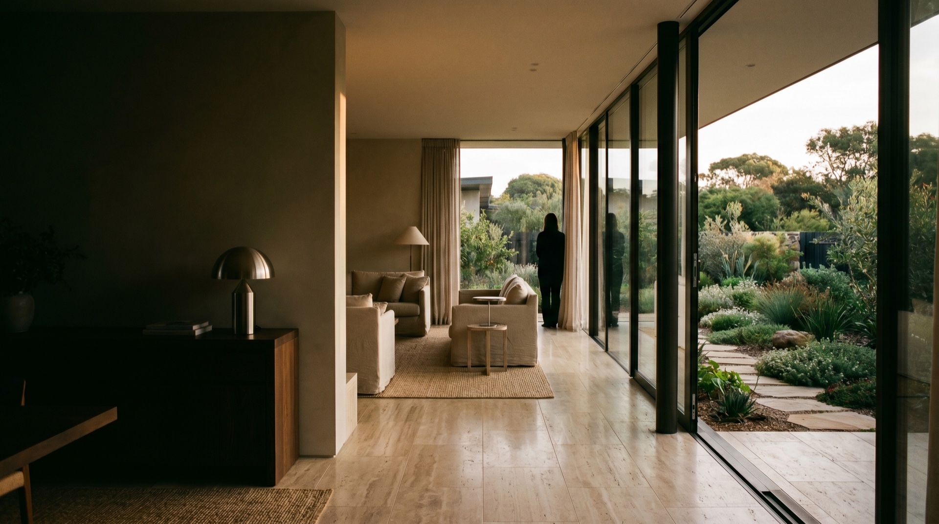 A sunlit modern living space with floor-to-ceiling glass opening onto a view, warm golden light, generous negative space