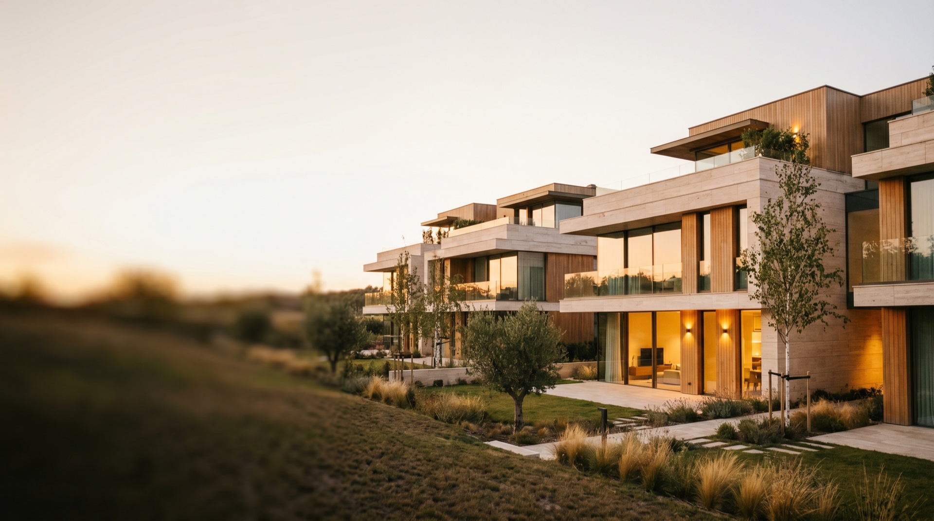 A cinematic view of a new residential development at golden hour, clean architecture and landscaped grounds, no signage or text