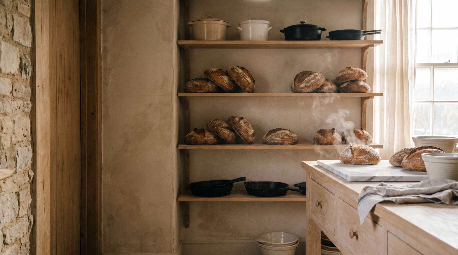 A warm artisan bakery counter at dawn, flour dust and soft window light, generous negative space