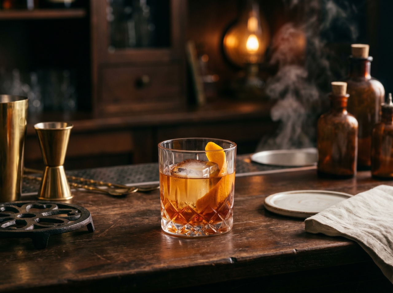 A craft cocktail glowing amber in low bar light