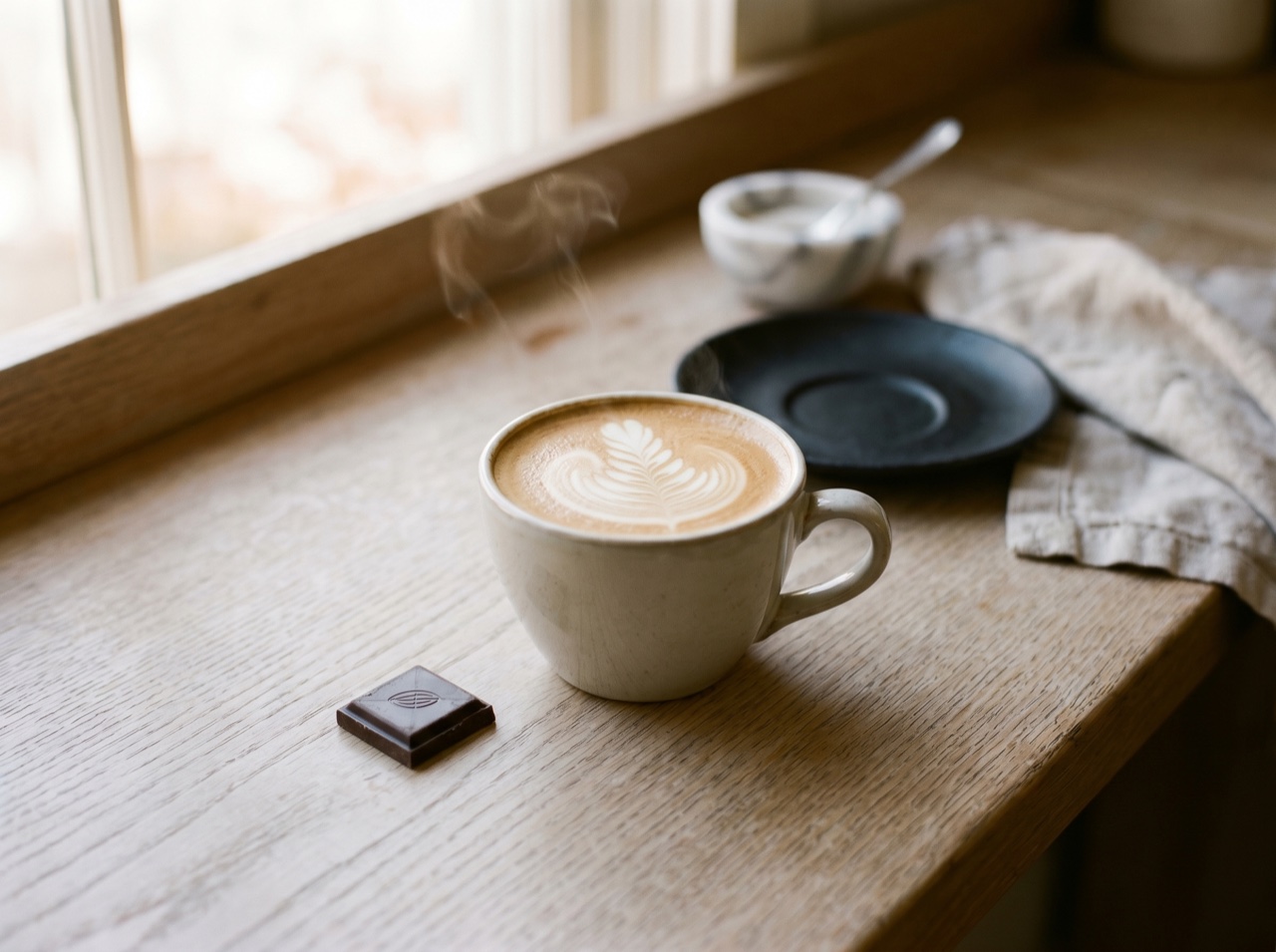 A flat white with latte art on a pale wood counter