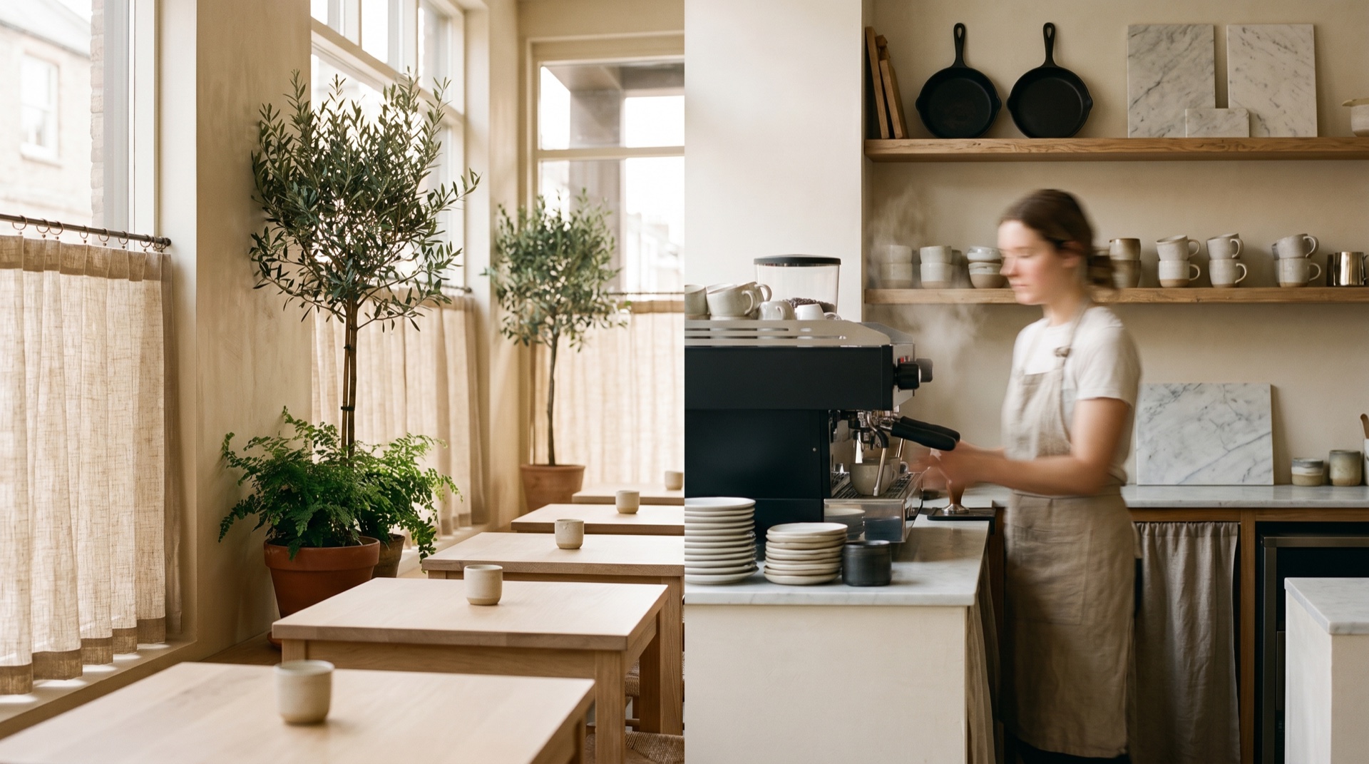 A warm café counter in soft morning light, pale wood, steam and pastries, generous negative space