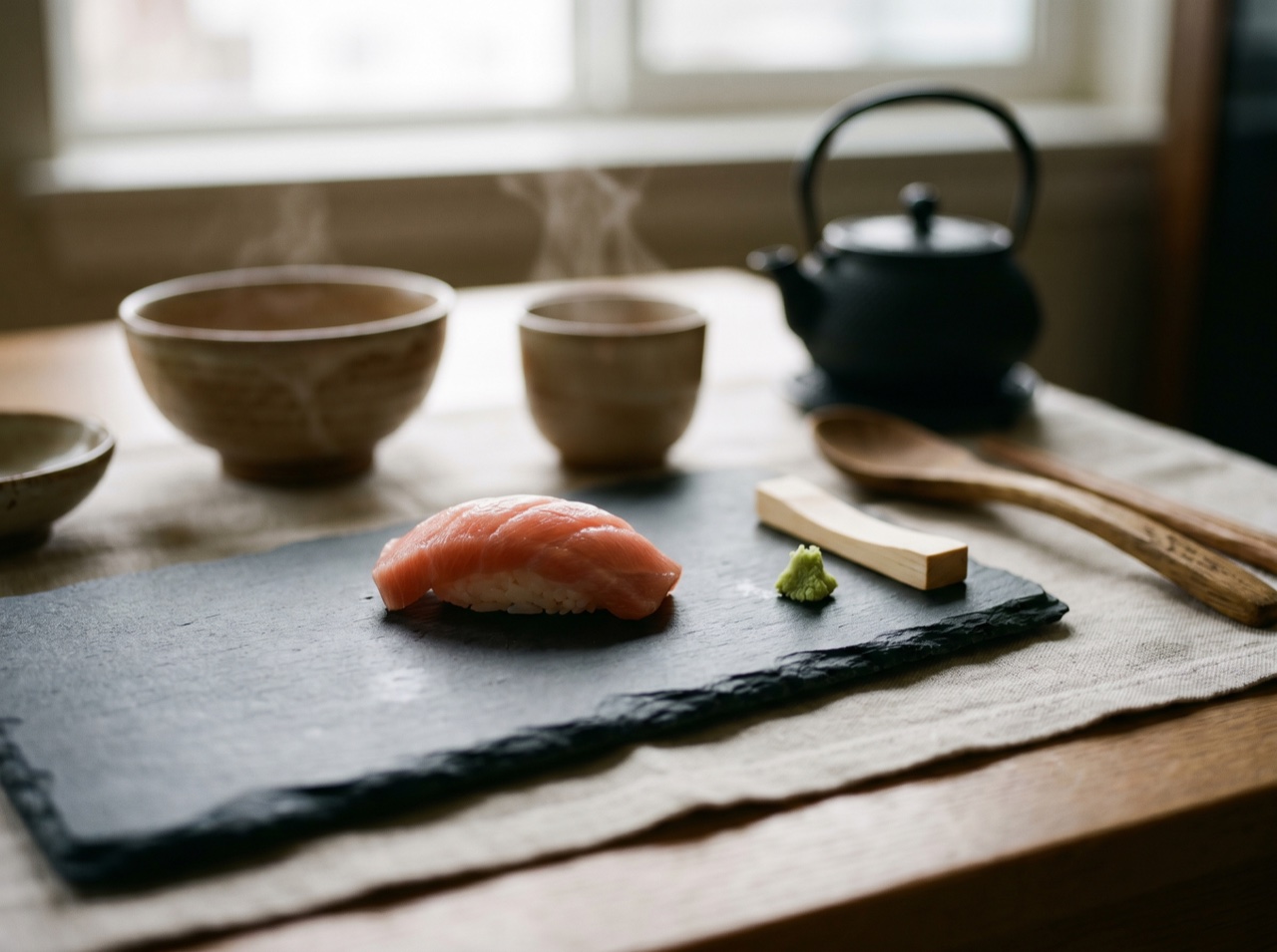 A single piece of nigiri on dark stone in calm light