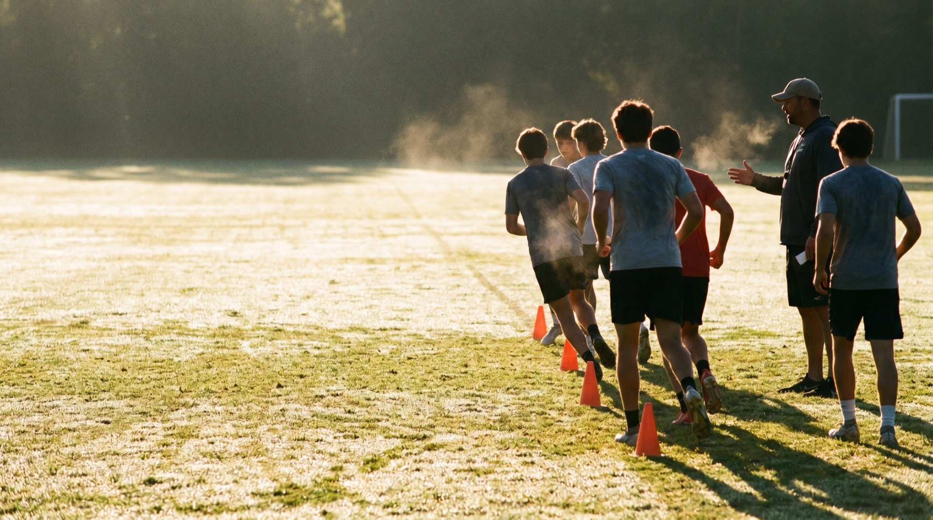 A disciplined youth training session in morning light, coaches drilling young athletes, generous negative space