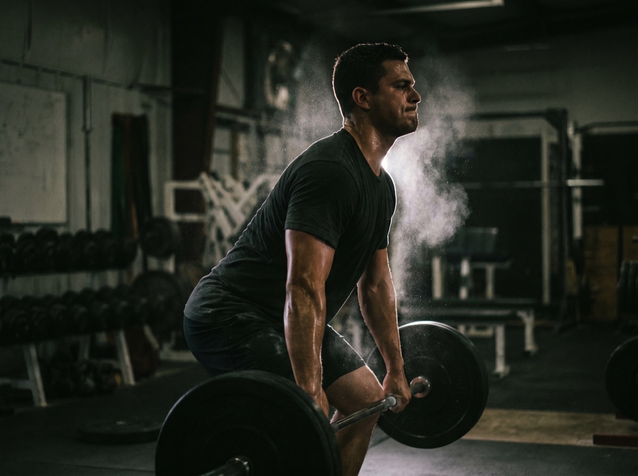 An athlete mid-lift under hard rim light in a low-lit gym