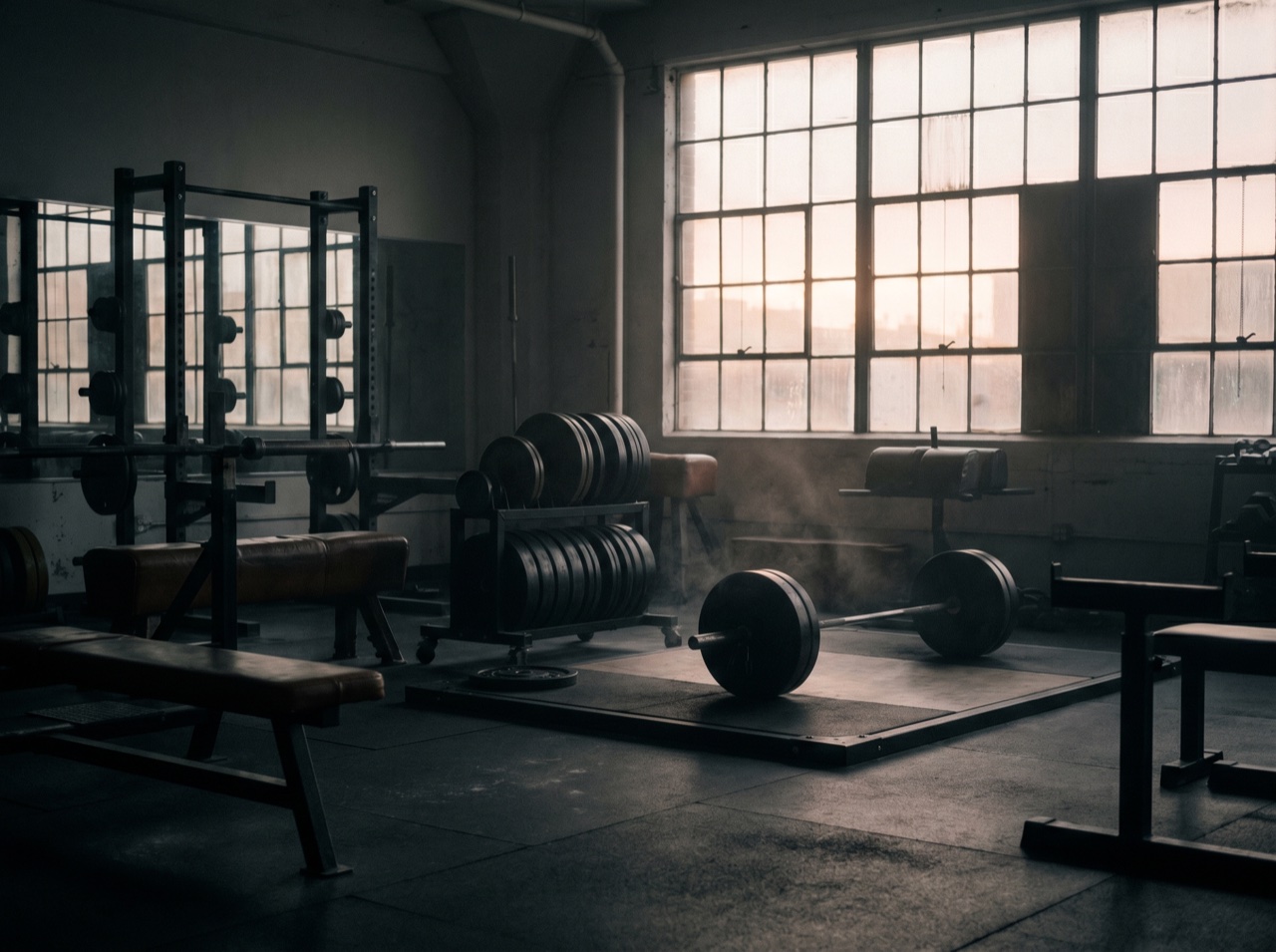 A gym entrance glowing at dawn before the first class