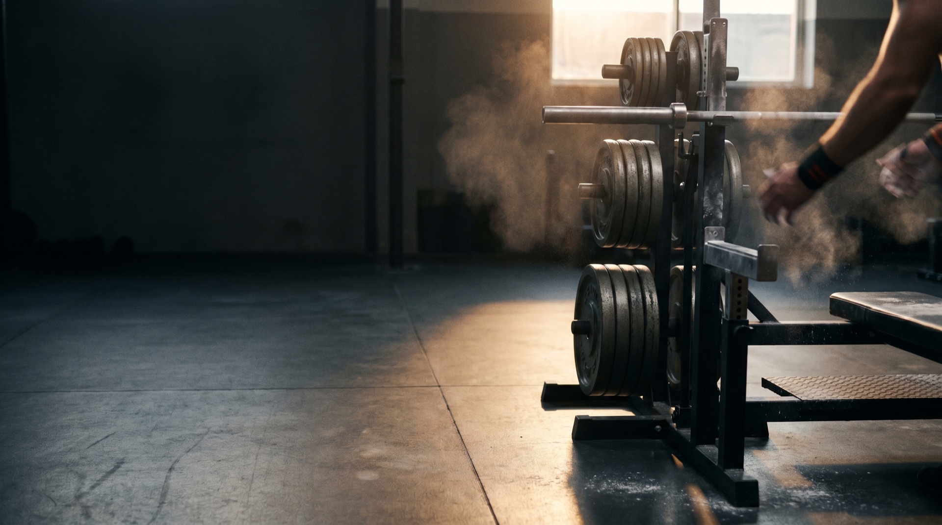 A charged strength-gym floor in hard rim light, racked plates and chalk dust, generous negative space