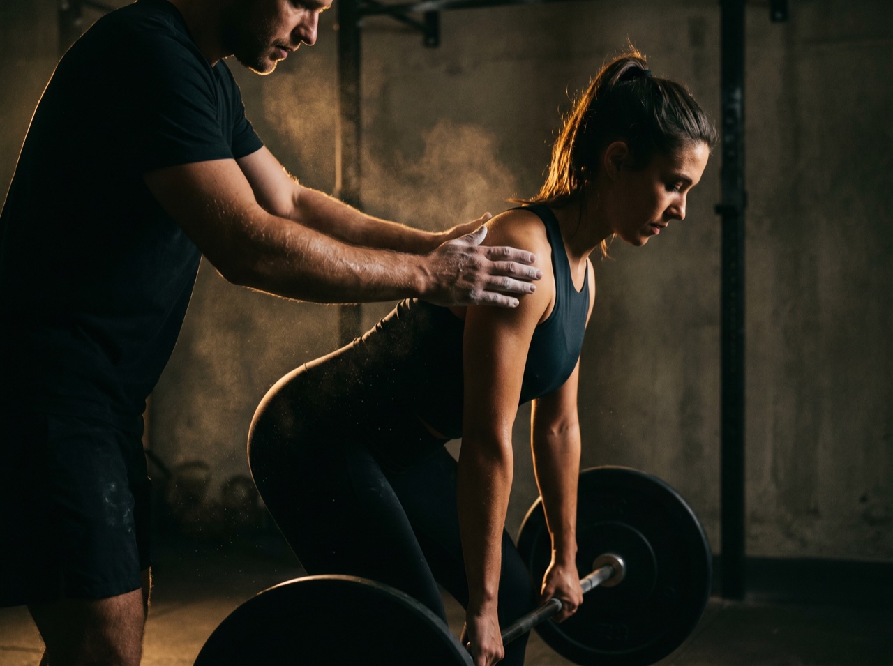 A coach correcting an athlete's form mid-set in soft light