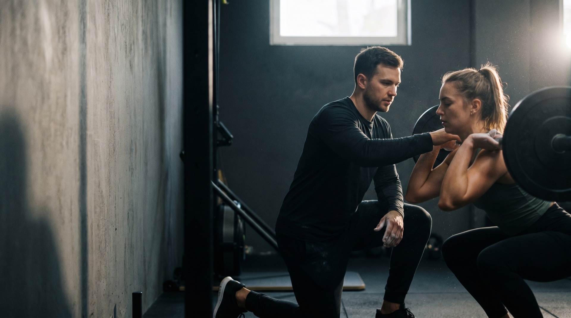 A coach cueing one athlete through a lift in soft directional light, focused and one-on-one, generous negative space
