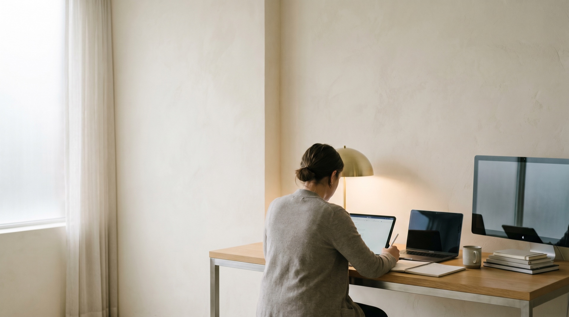 A calm, focused AI research workspace with devices and considered detail in soft light, premium, generous negative space