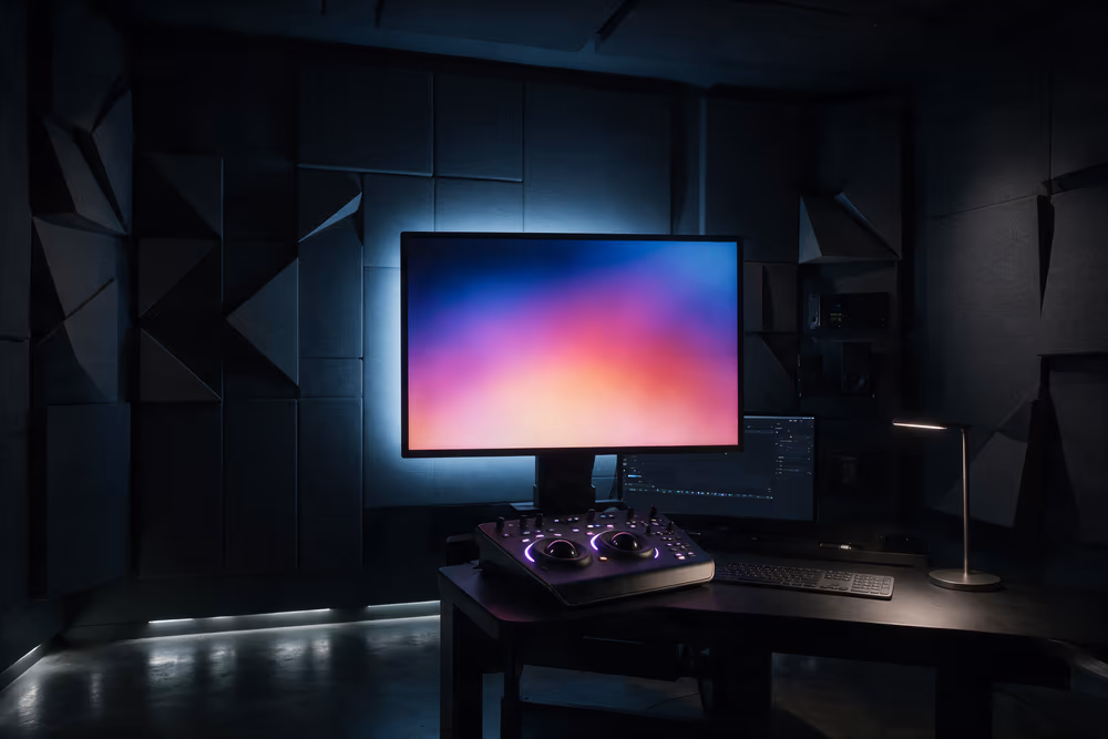 A colour grading suite with a calibrated monitor and control surface