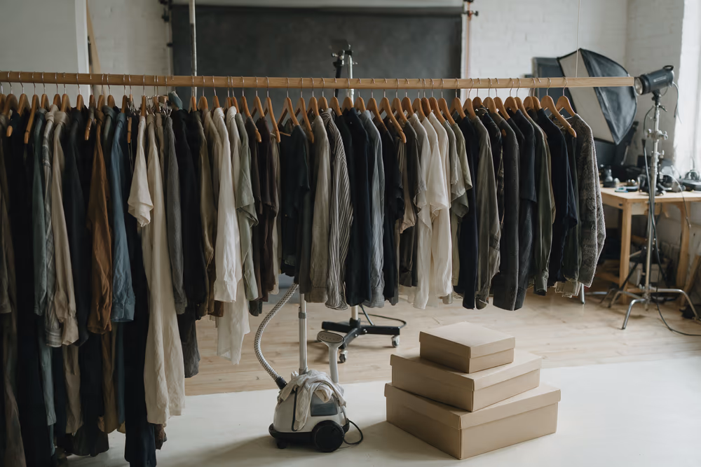 A wardrobe rail crowded with garments inside a photographic studio