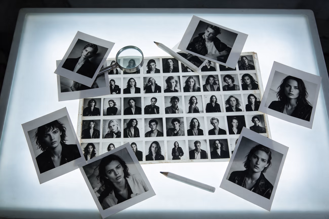 A contact sheet and loose prints spread across a light table